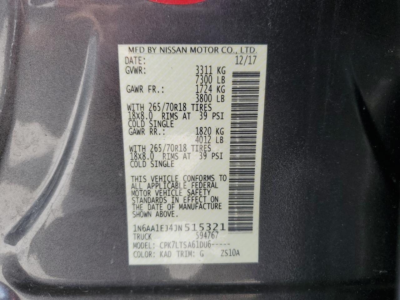 2018 Nissan Titan S vin: 1N6AA1EJ4JN515321