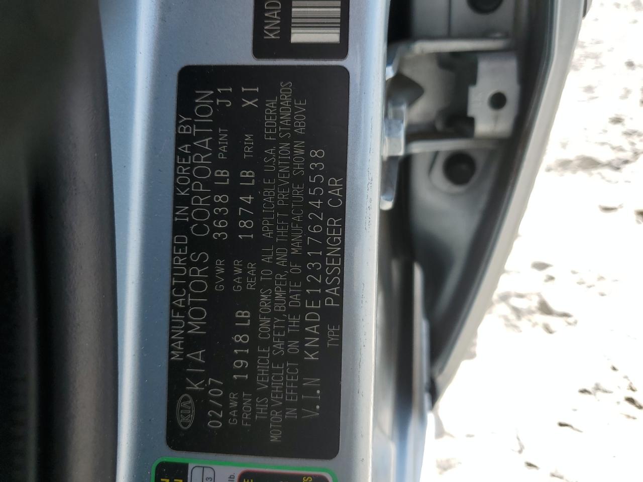 KNADE123176245538 2007 Kia Rio Base