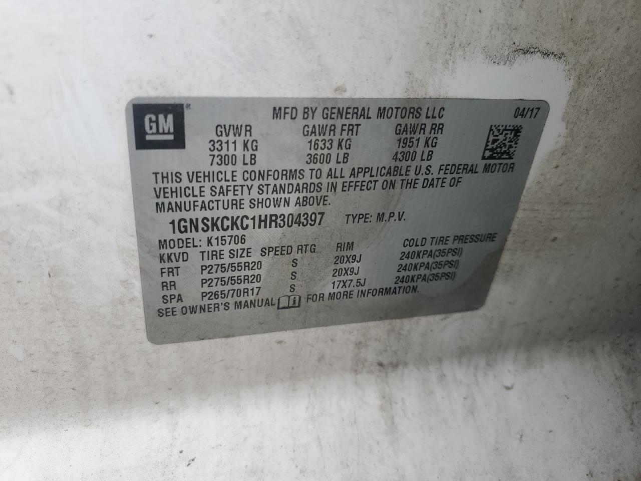 1GNSKCKC1HR304397 2017 Chevrolet Tahoe K1500 Premier