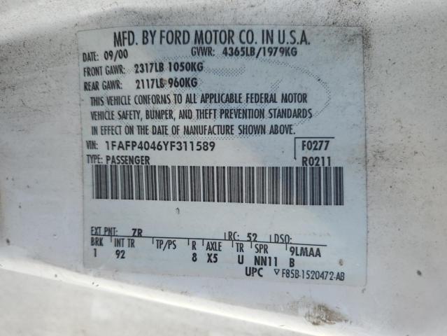 2000 Ford Mustang VIN: 1FAFP4046YF311589 Lot: 61508174
