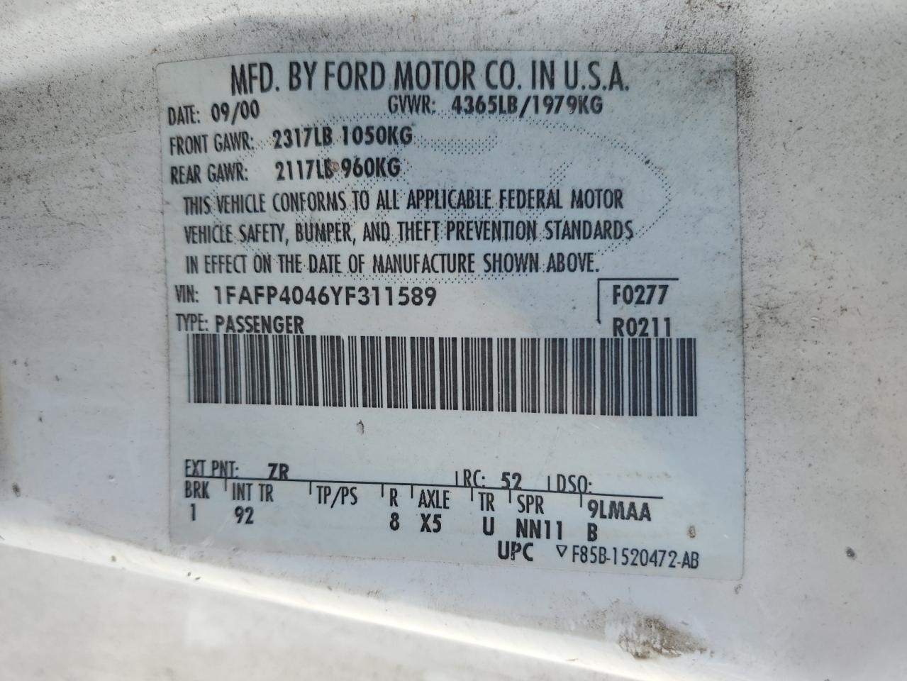 1FAFP4046YF311589 2000 Ford Mustang