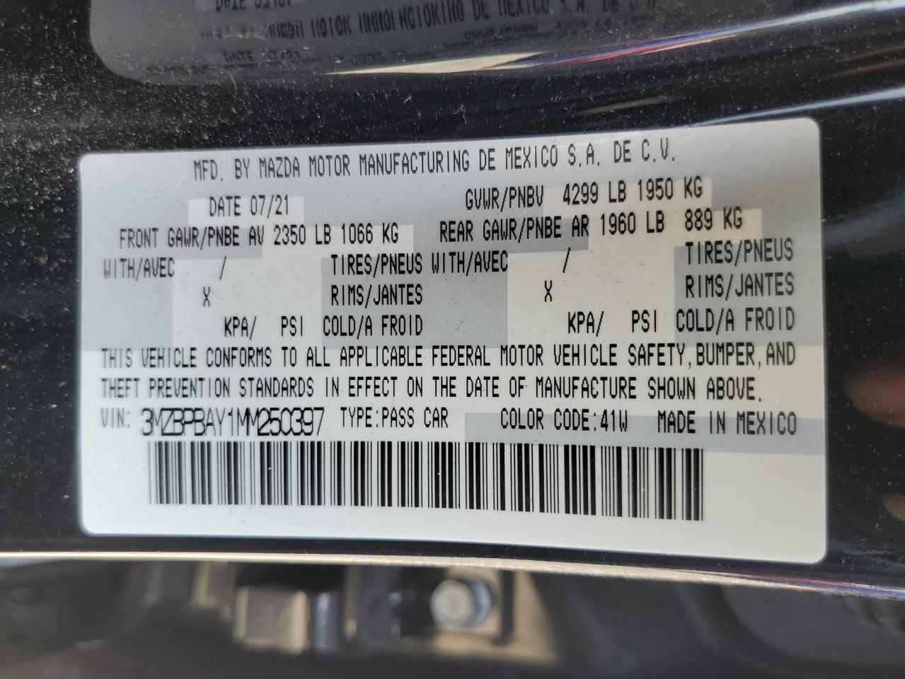 3MZBPBAY1MM250397 2021 Mazda 3