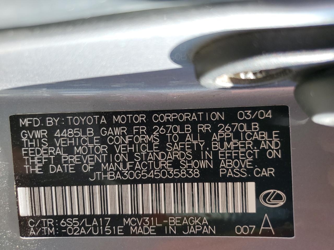 JTHBA30G545035838 2004 Lexus Es 330