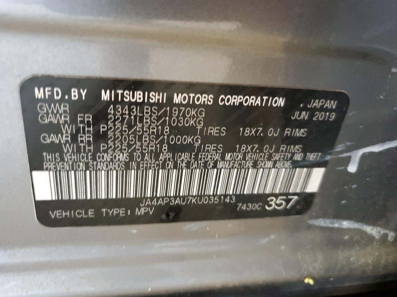 JA4AP3AU7KU035143 2019 Mitsubishi Outlander Sport Es