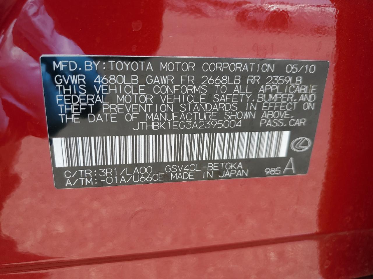 JTHBK1EG3A2395004 2010 Lexus Es 350