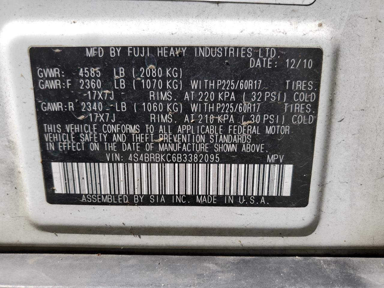 4S4BRBKC6B3382095 2011 Subaru Outback 2.5I Limited