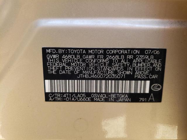 2007 Lexus Es 350 VIN: JTHBJ46G072035071 Lot: 60960954