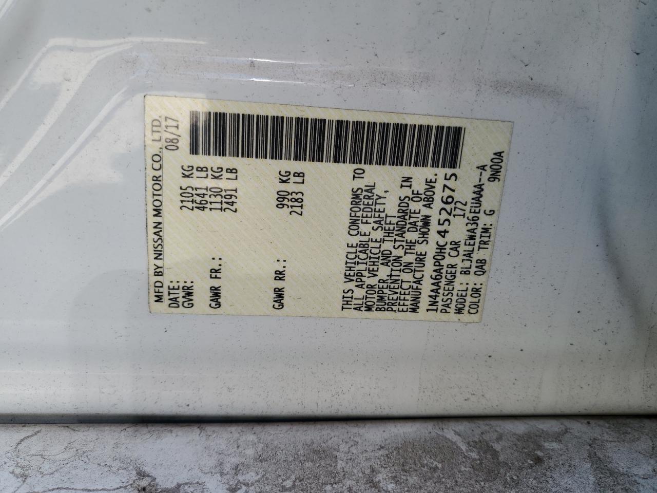 1N4AA6AP0HC452675 2017 Nissan Maxima 3.5S