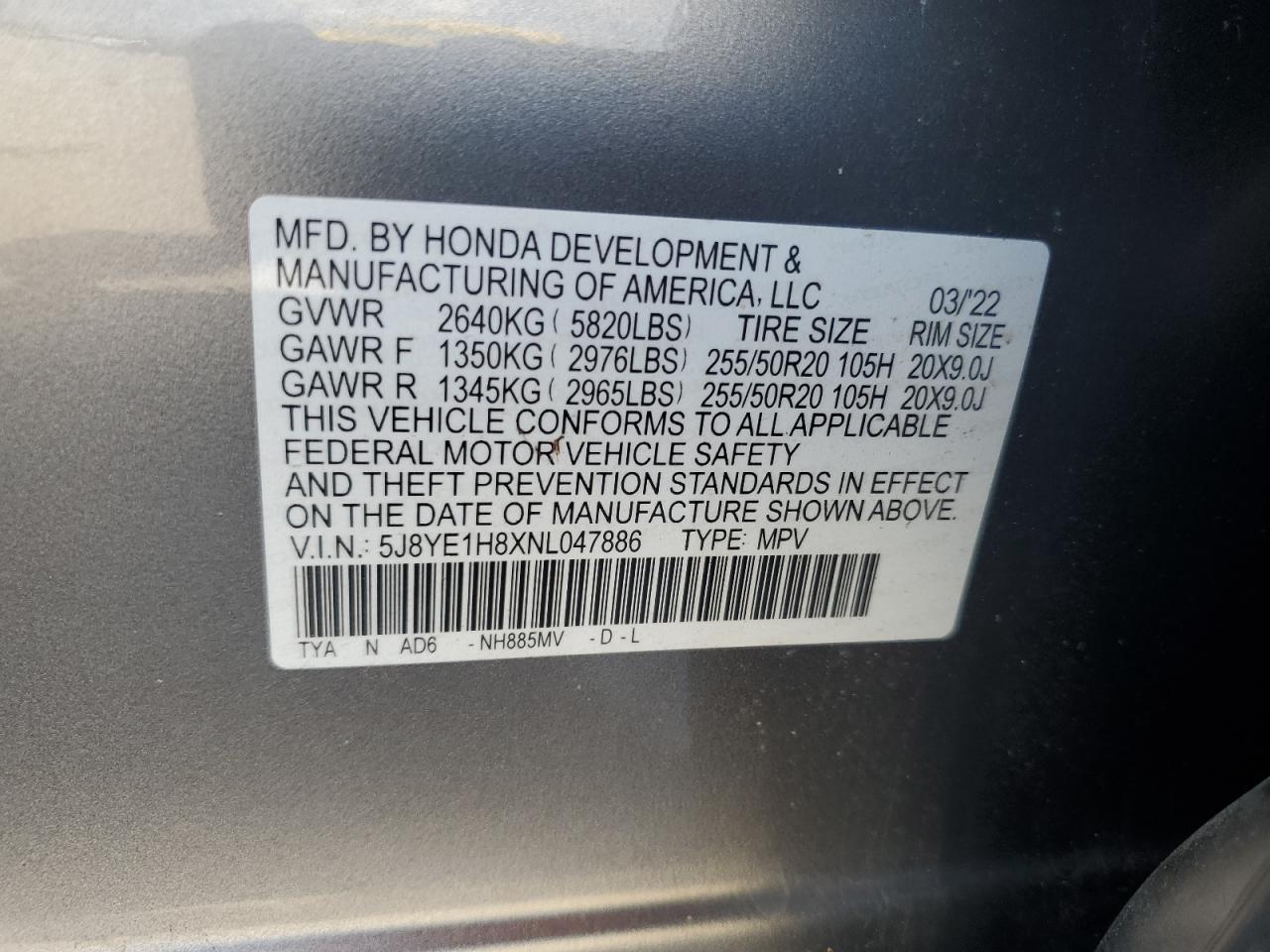 5J8YE1H8XNL047886 2022 Acura Mdx Advance