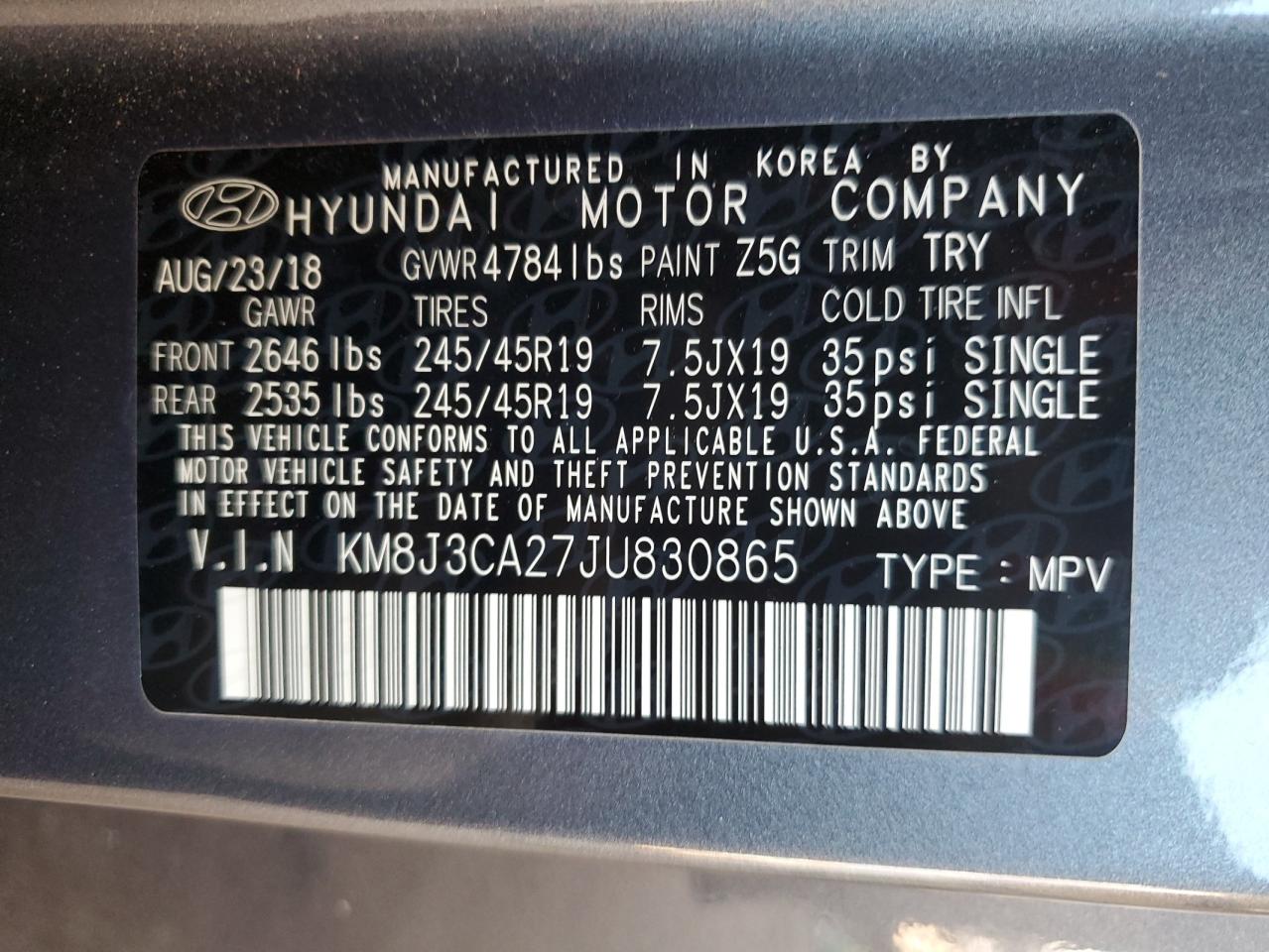 KM8J3CA27JU830865 2018 Hyundai Tucson Value