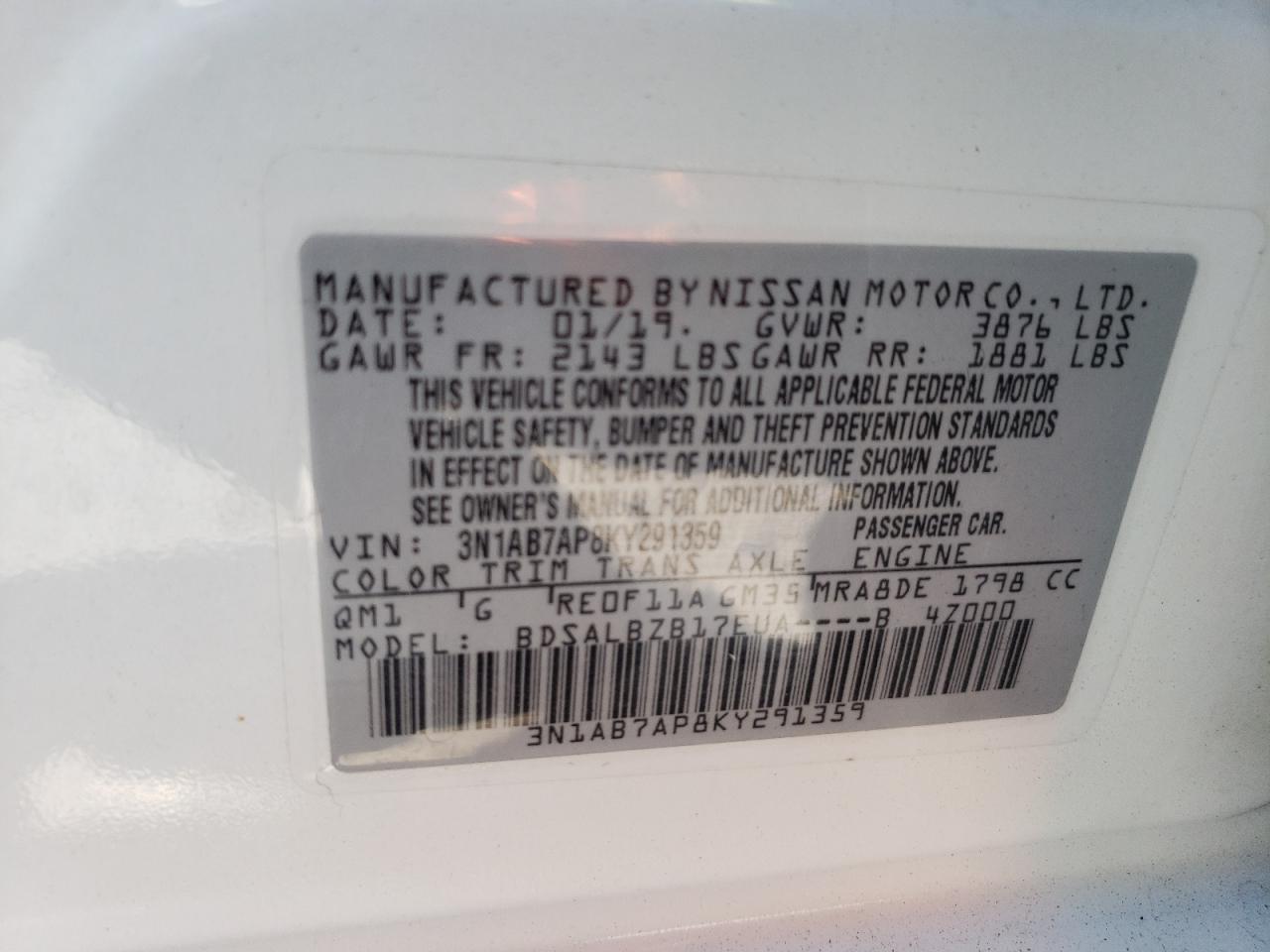 3N1AB7AP8KY291359 2019 Nissan Sentra S