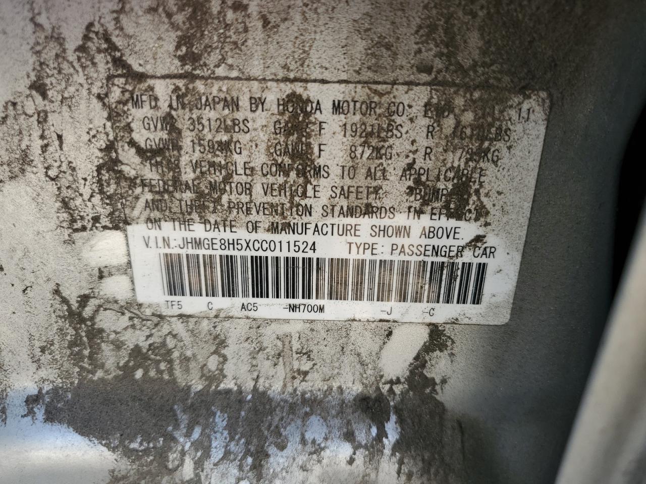 JHMGE8H5XCC011524 2012 Honda Fit Sport