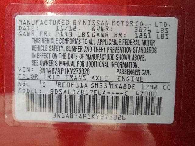 2019 Nissan Sentra S VIN: 3N1AB7AP1KY273026 Lot: 63128494