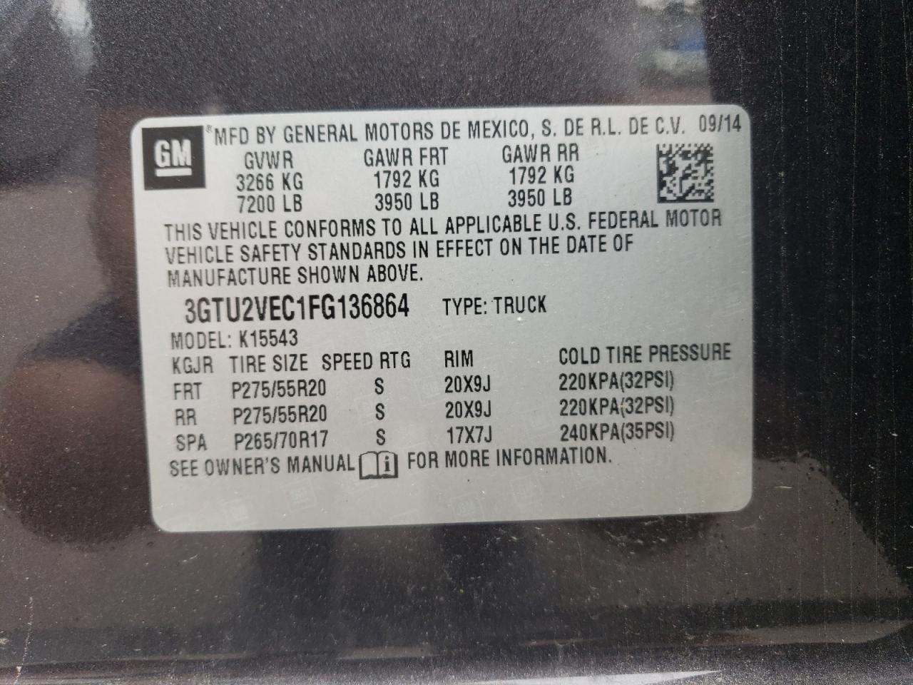 3GTU2VEC1FG136864 2015 GMC Sierra K1500 Slt