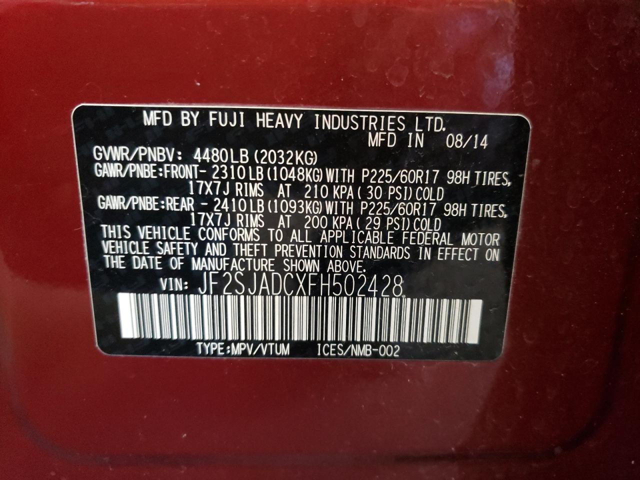 JF2SJADCXFH502428 2015 Subaru Forester 2.5I Premium