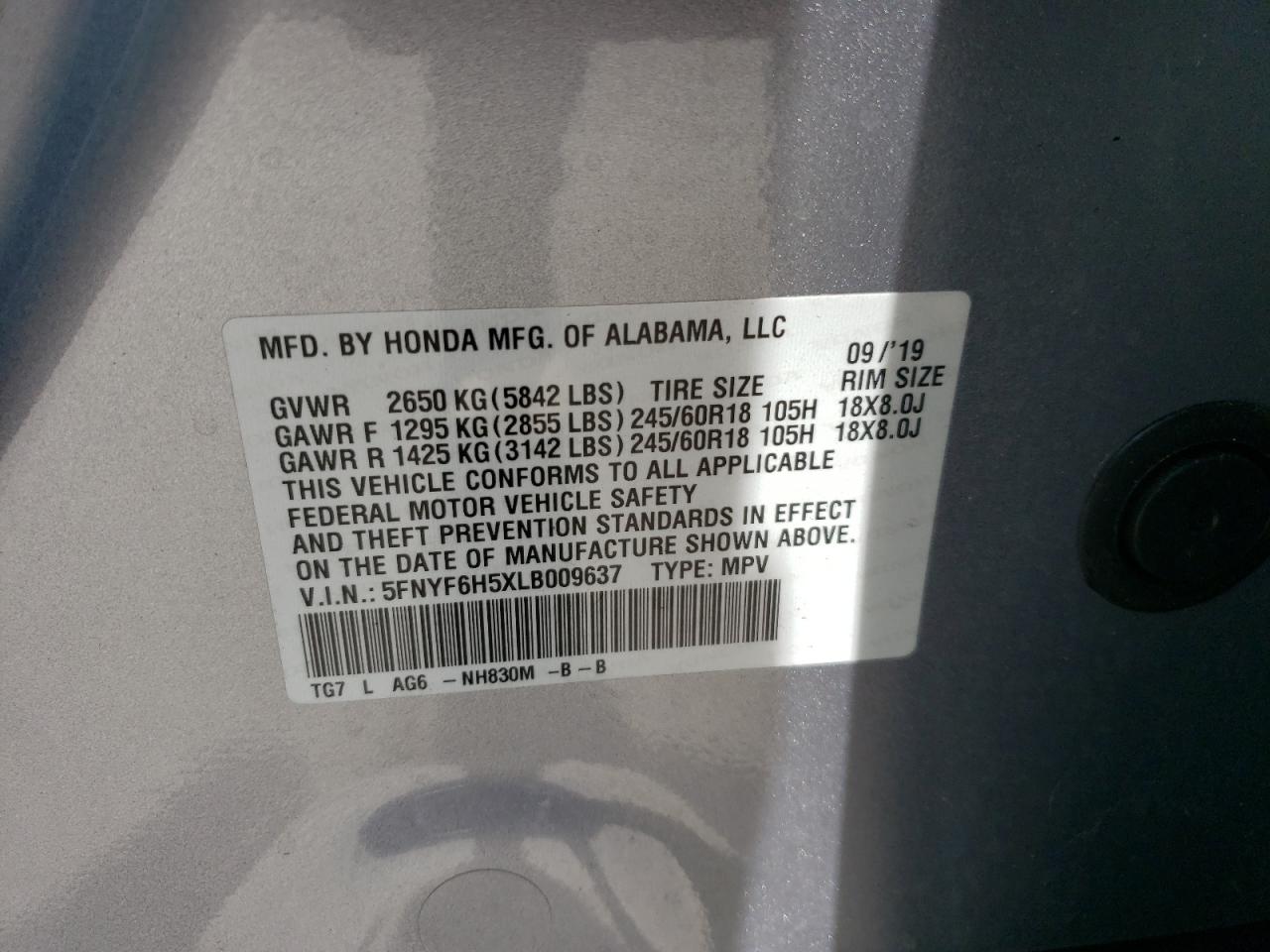 5FNYF6H5XLB009637 2020 Honda Pilot Exl