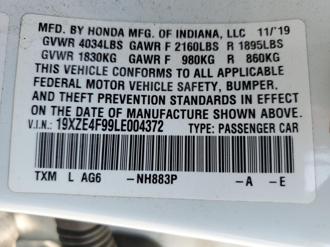 19XZE4F99LE004372 2020 Honda Insight Touring