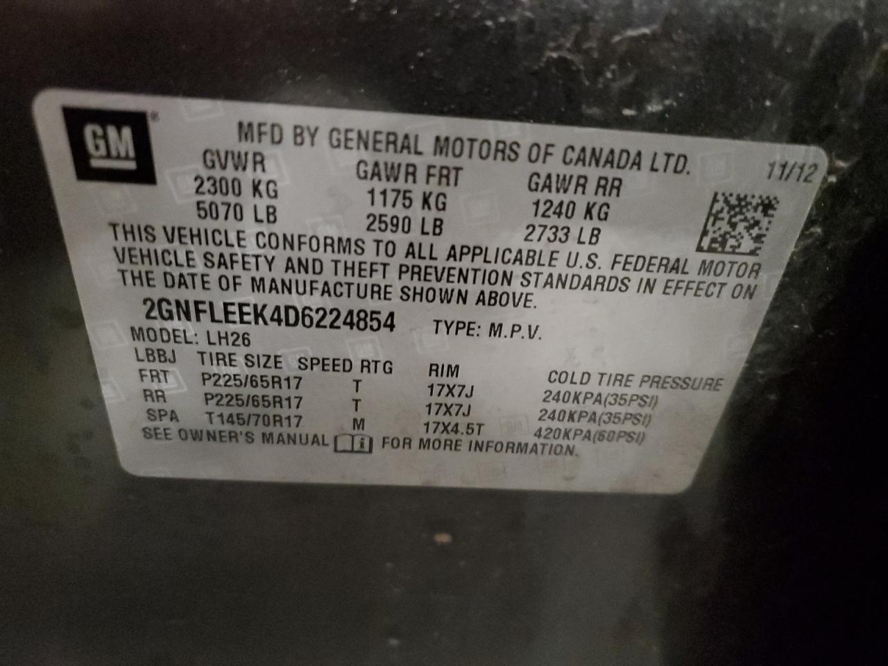 2GNFLEEK4D6224854 2013 Chevrolet Equinox Lt