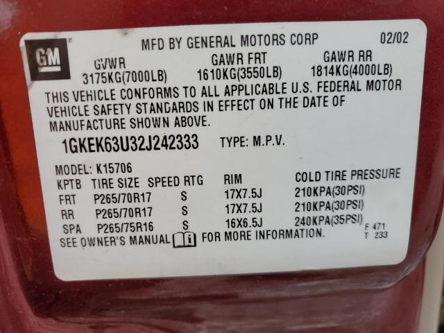 2002 GMC Denali VIN: 1GKEK63U32J242333 Lot: 62423134