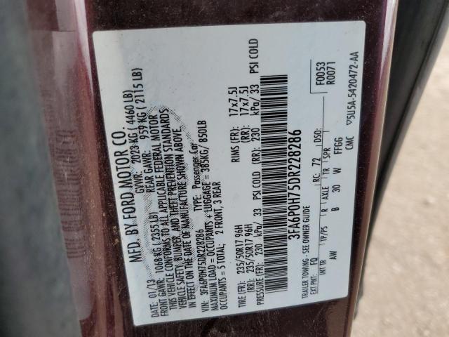 2013 Ford Fusion Se VIN: 3FA6P0H75DR228286 Lot: 61605704