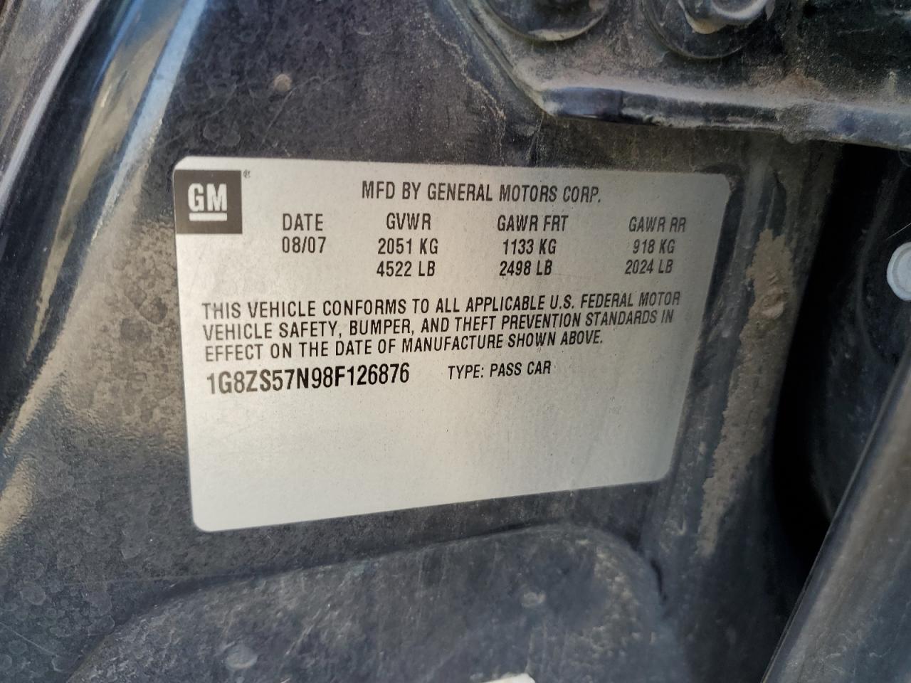 1G8ZS57N98F126876 2008 Saturn Aura Xe