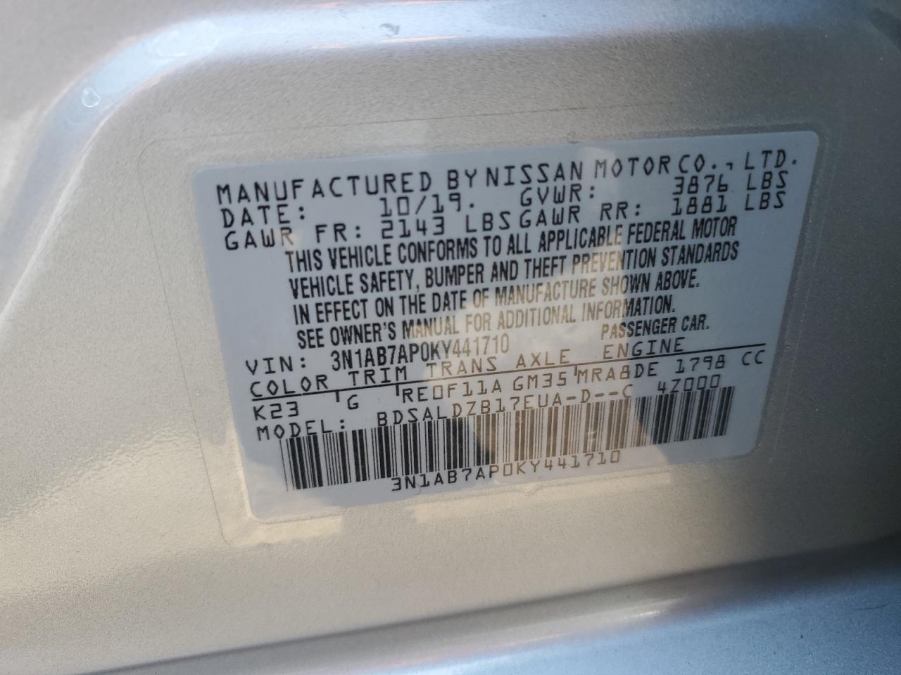 3N1AB7AP0KY441710 2019 Nissan Sentra S