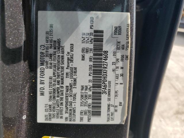 2015 Ford Fusion Se VIN: 3FA6P0HDXFR274608 Lot: 61343354