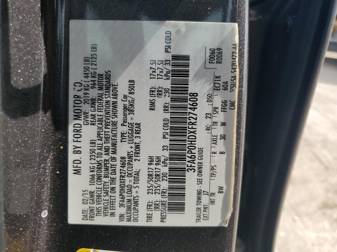 3FA6P0HDXFR274608 2015 Ford Fusion Se