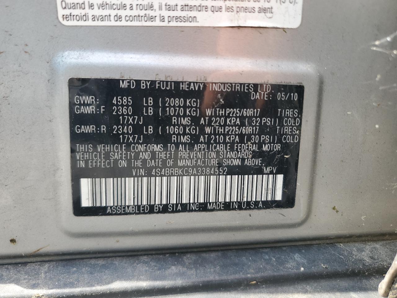 4S4BRBKC9A3384552 2010 Subaru Outback 2.5I Limited