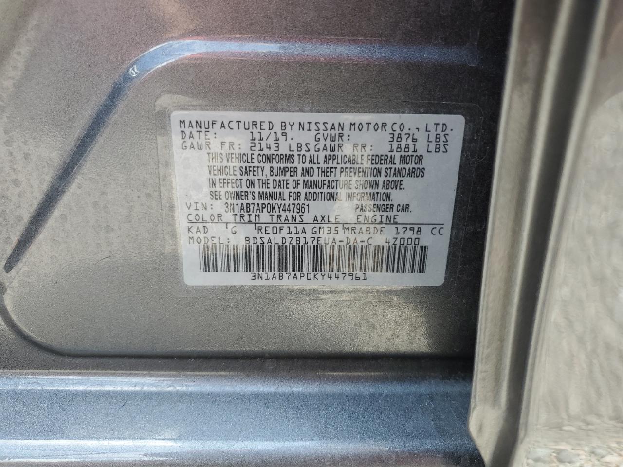 3N1AB7AP0KY447961 2019 Nissan Sentra S