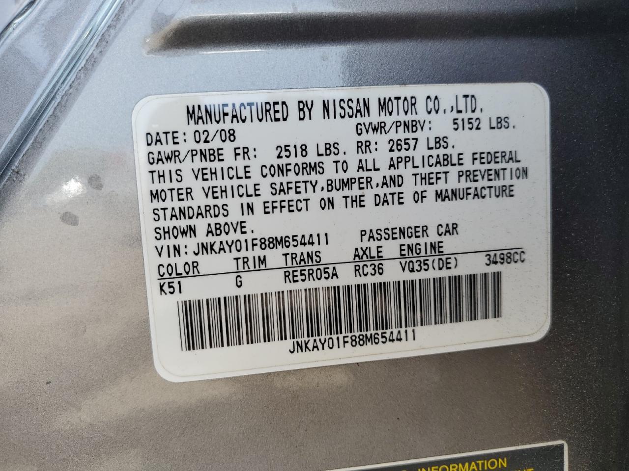 JNKAY01F88M654411 2008 Infiniti M35 Base