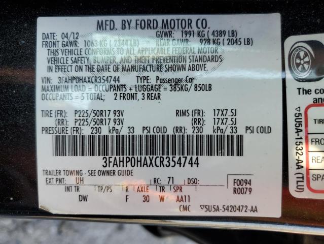 2012 Ford Fusion Se VIN: 3FAHP0HAXCR354744 Lot: 61487644