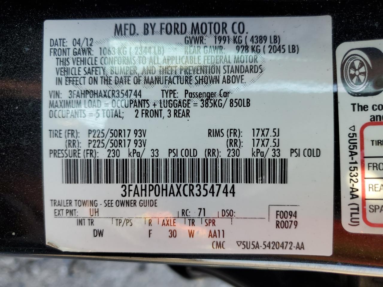 3FAHP0HAXCR354744 2012 Ford Fusion Se