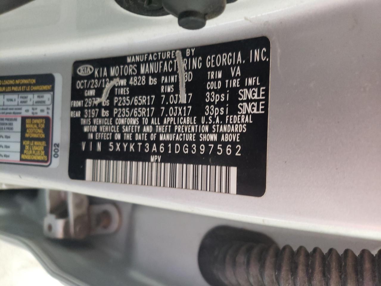 5XYKT3A61DG397562 2013 Kia Sorento Lx