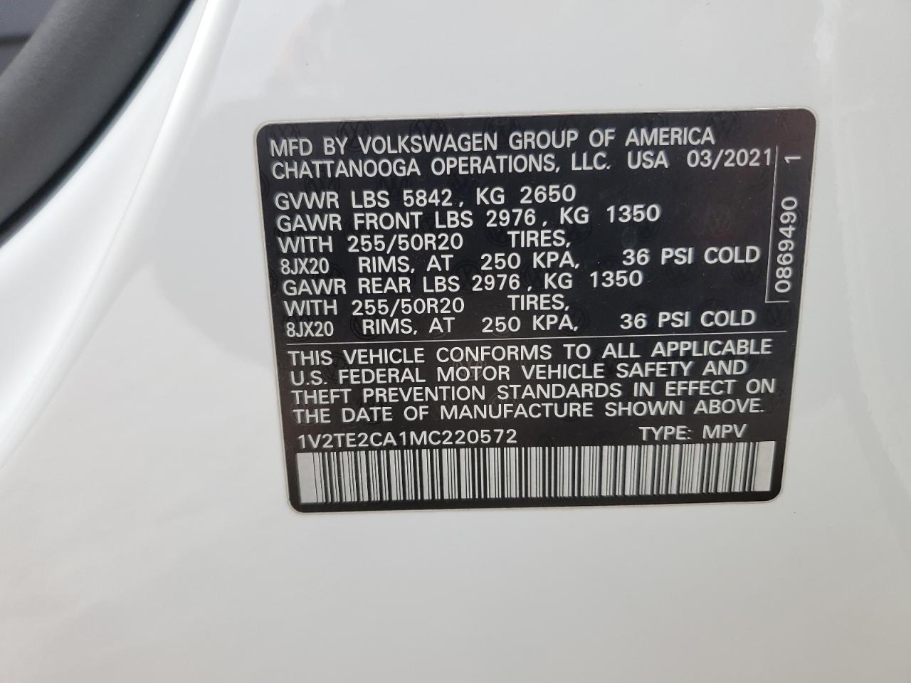 1V2TE2CA1MC220572 2021 Volkswagen Atlas Cross Sport Sel Premium