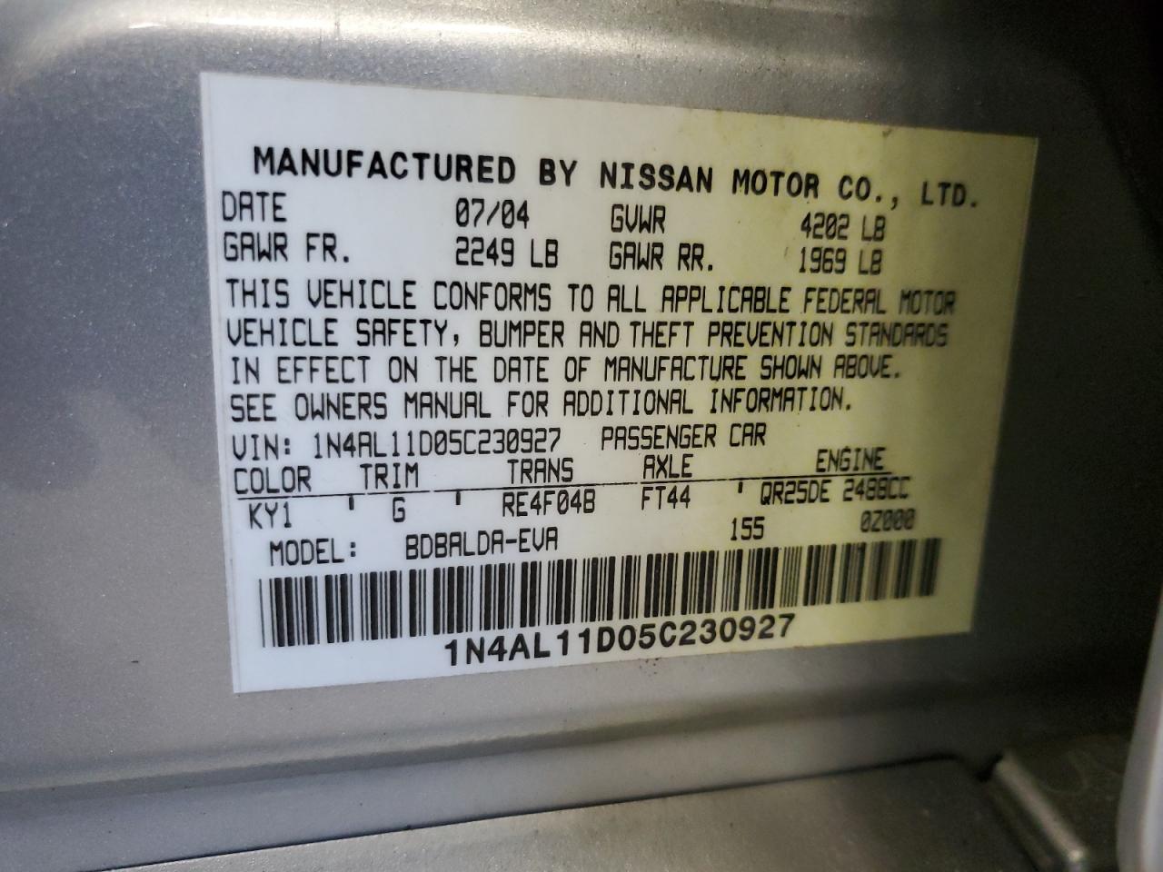 1N4AL11D05C230927 2005 Nissan Altima S