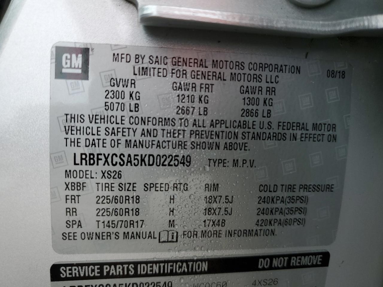 LRBFXCSA5KD022549 2019 Buick Envision Essence