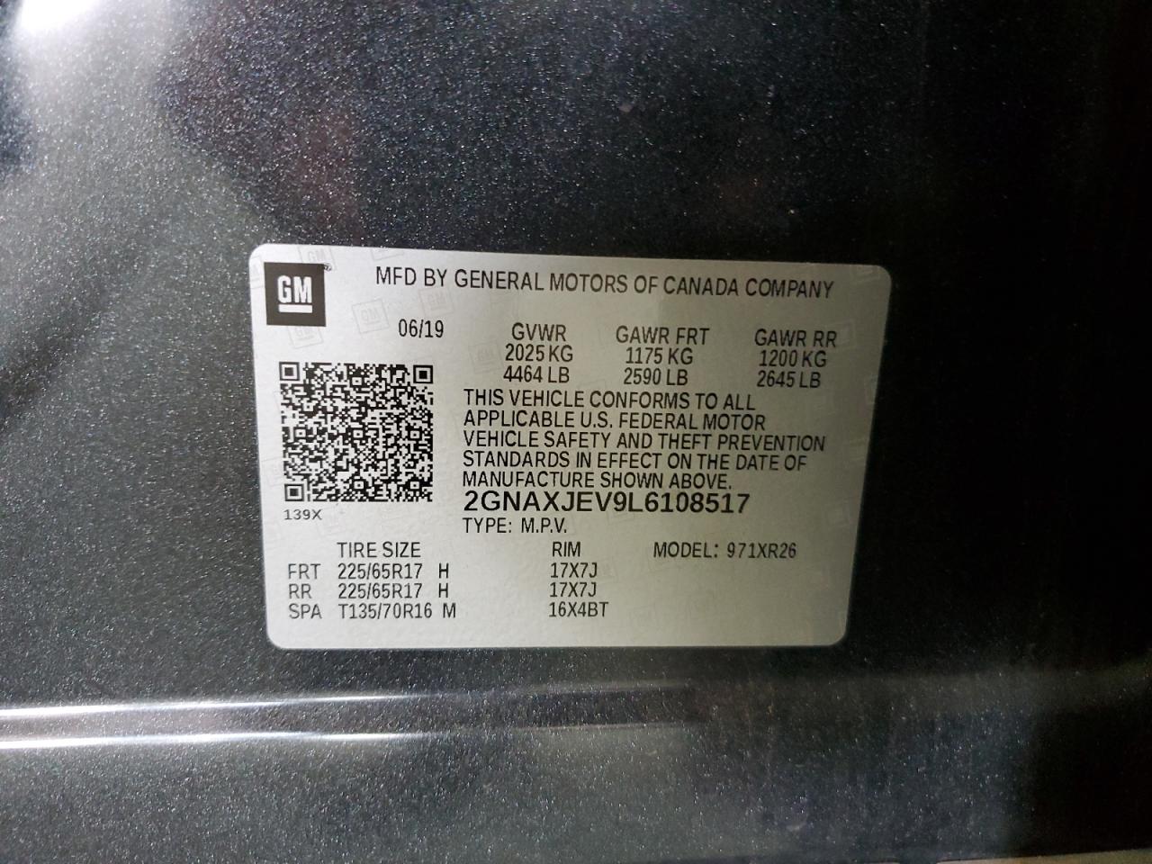 2GNAXJEV9L6108517 2020 Chevrolet Equinox Lt