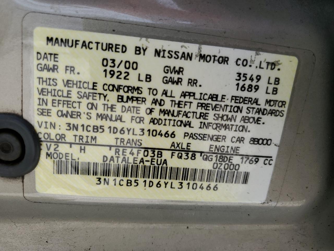 3N1CB51D6YL310466 2000 Nissan Sentra Base