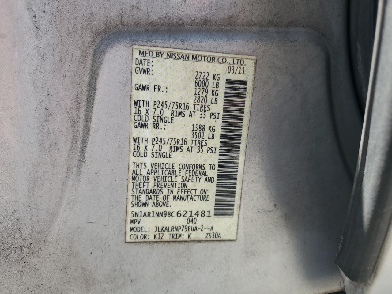 5N1AR1NN9BC621481 2011 Nissan Pathfinder S