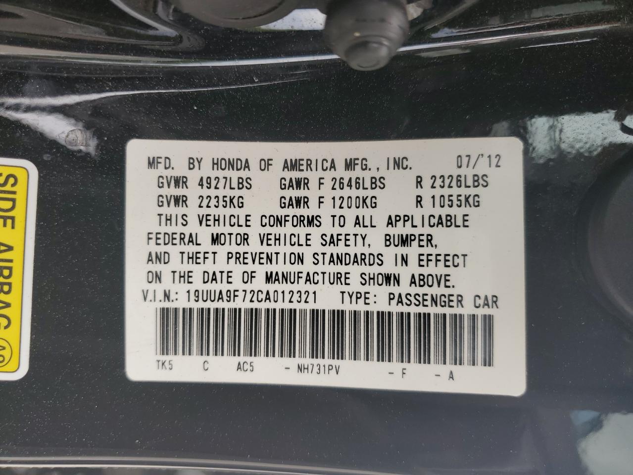 19UUA9F72CA012321 2012 Acura Tl