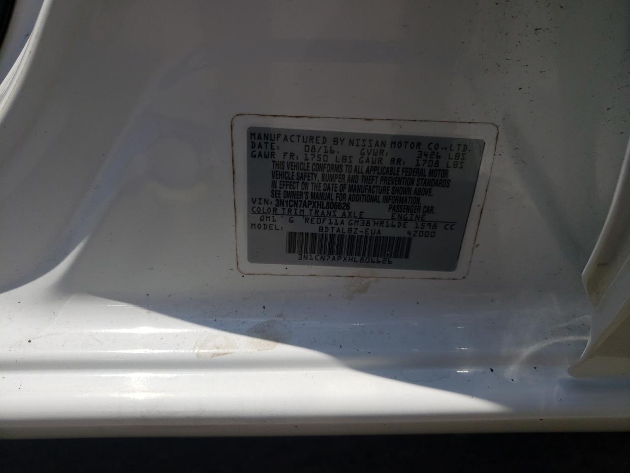 3N1CN7APXHL806626 2017 Nissan Versa S