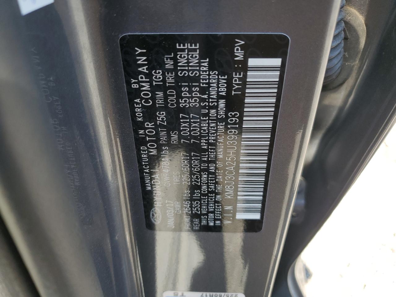 KM8J3CA25HU399193 2017 Hyundai Tucson Limited