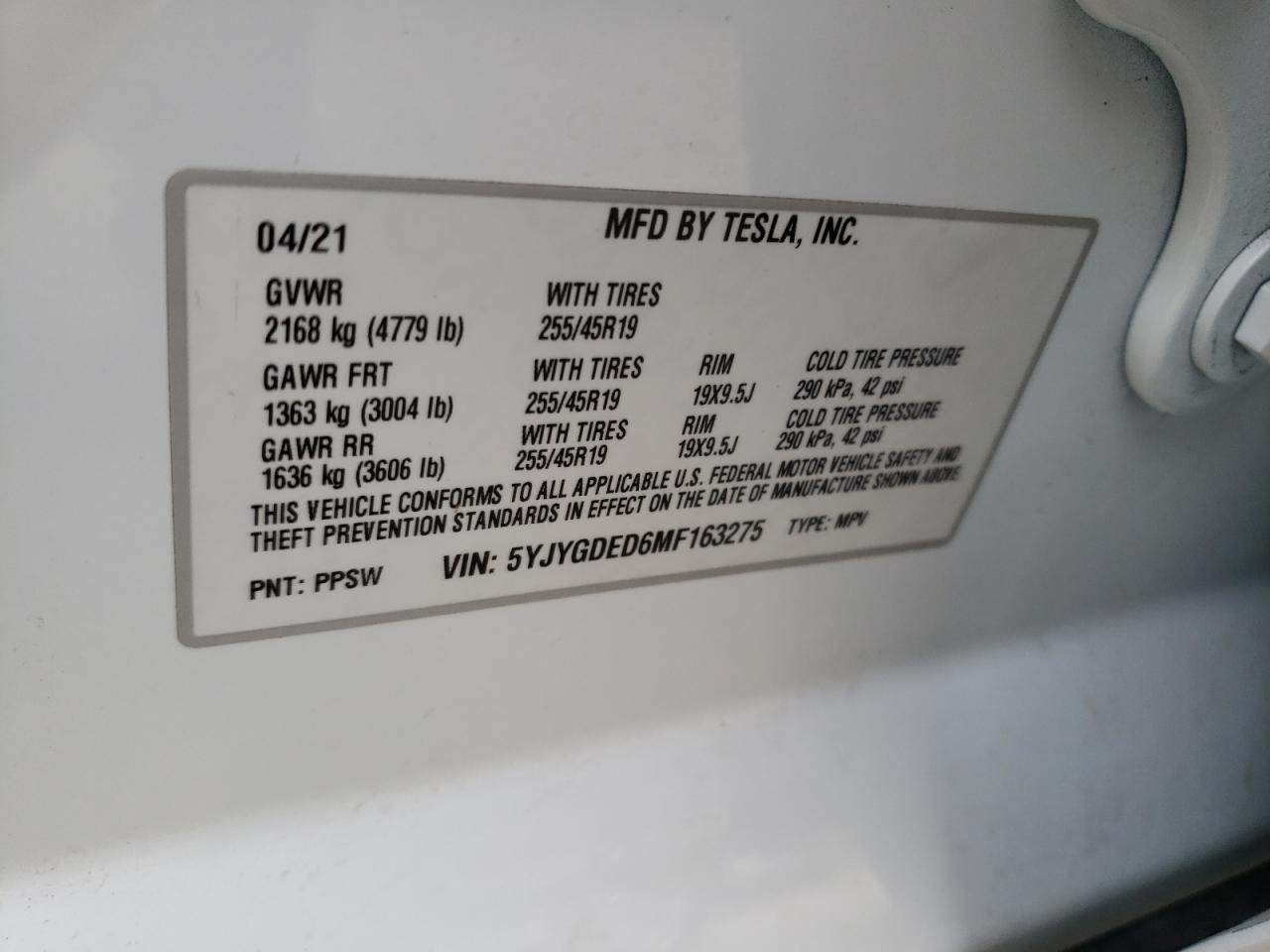 2021 Tesla Model Y vin: 5YJYGDED6MF163275