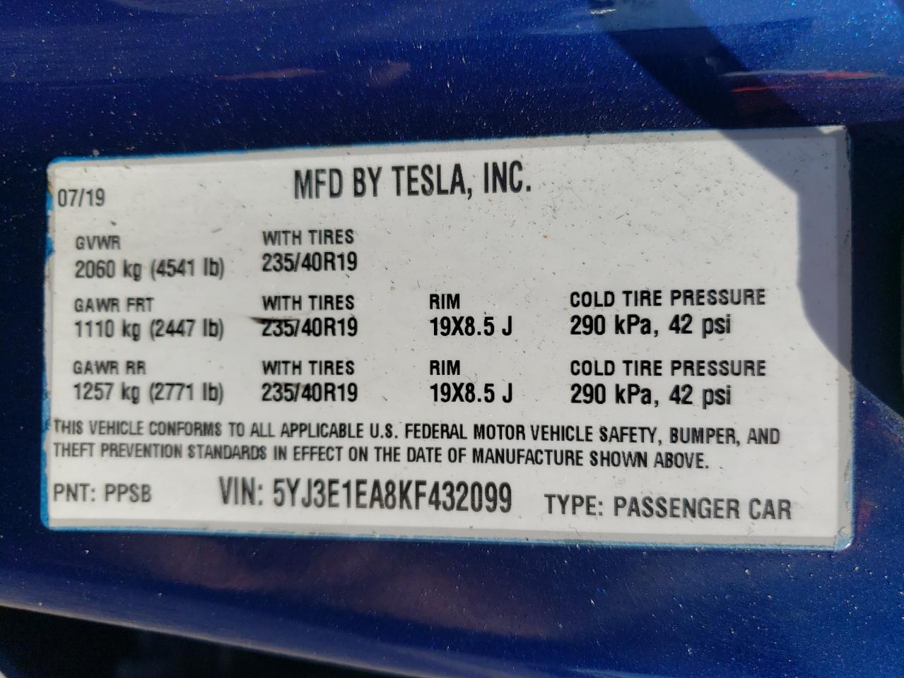 2019 Tesla Model 3 vin: 5YJ3E1EA8KF432099