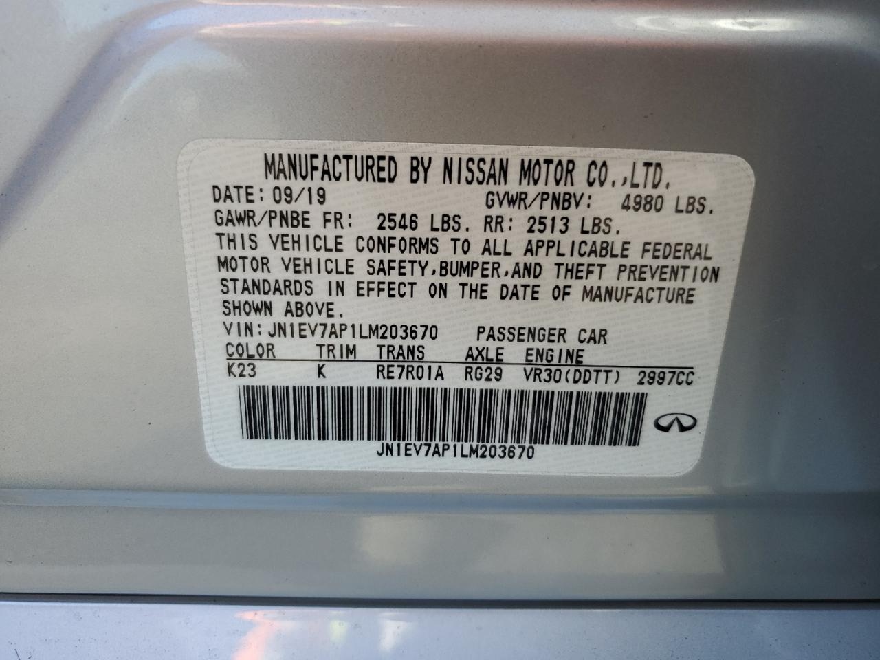 JN1EV7AP1LM203670 2020 Infiniti Q50 Pure