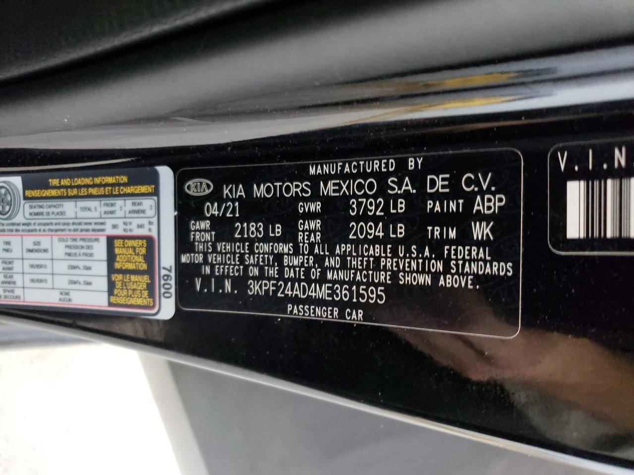 3KPF24AD4ME361595 2021 Kia Forte Fe