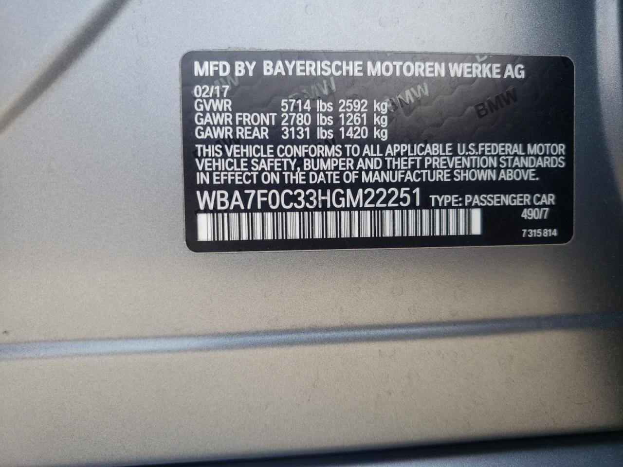 WBA7F0C33HGM22251 2017 BMW 750 I