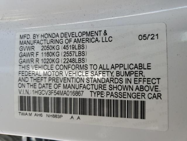 2021 Honda Accord Hybrid Exl VIN: 1HGCV3F54MA016867 Lot: 63170174