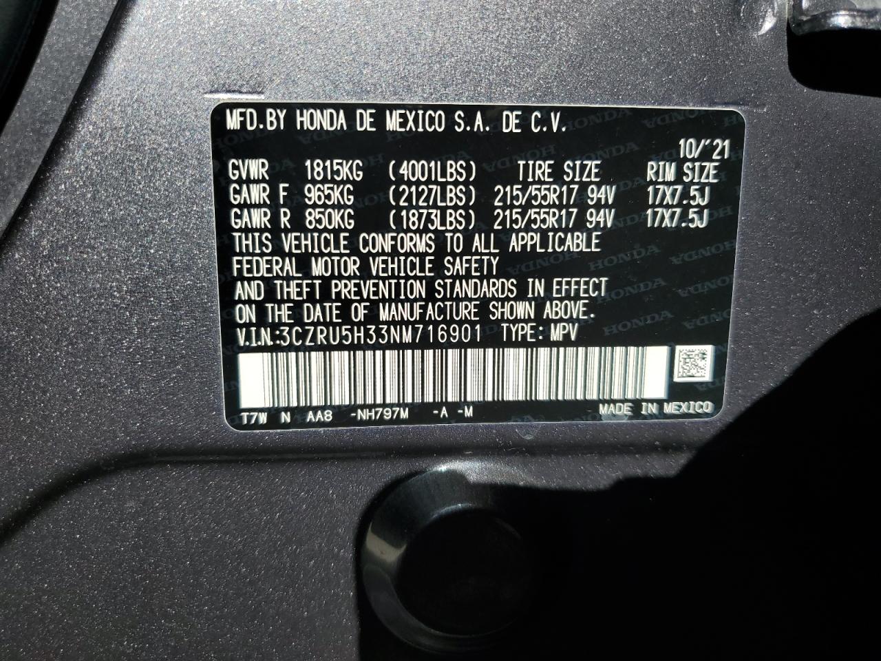 3CZRU5H33NM716901 2022 Honda Hr-V Lx